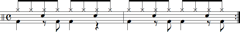 ハイハットシンバルのドラム譜2小節