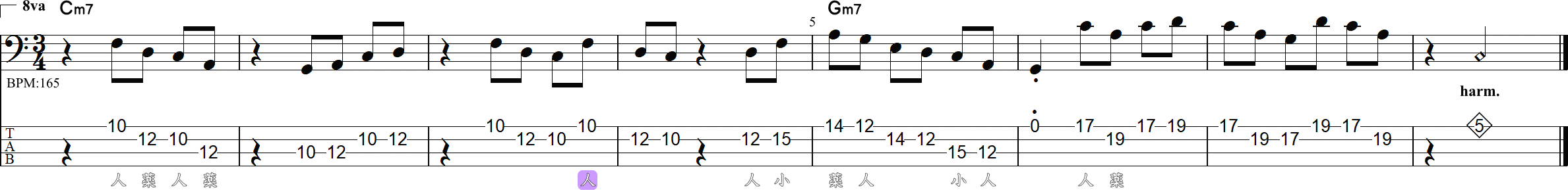 Fメジャーペンタトニックスケール(1~4小節目)/Aマイナーペンタトニックスケール(5~8小節目)