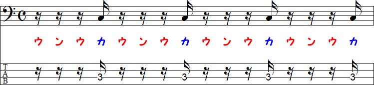 付点8分休符＋16分音符（16分休符×3）の小節