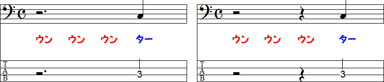 付点2分休符と2分休符＋4分休符の2小節