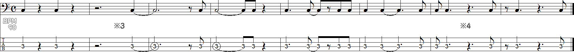 付点4分音符と付点2分音符（休符あり）の譜面
