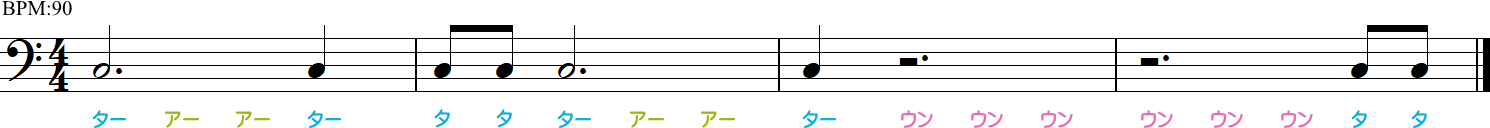 付点2分音符と付点2分休符の4小節