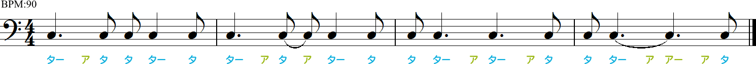 付点4分音符とタイ記号の4小節