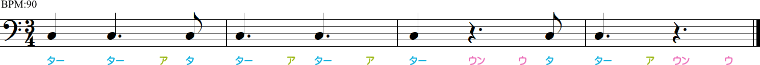 4分の3拍子の付点4分音符と付点4分休符の4小節