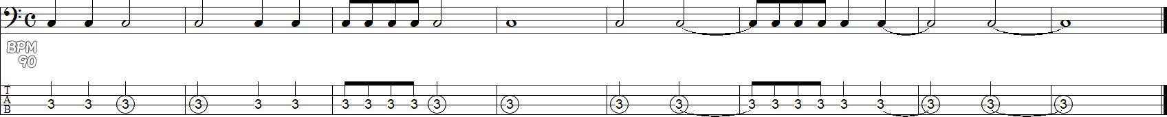 2分音符と全音符（休符なし）の譜面