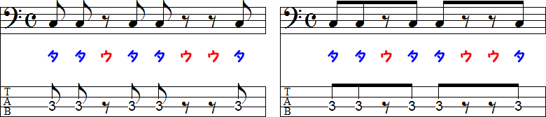 休符を挟む連桁ありなしの2小節