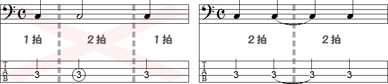 1拍と2拍と1拍の小節と2拍ずつの小節