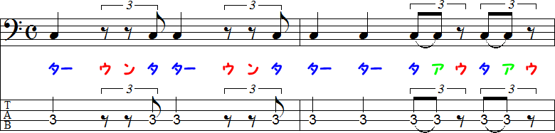 1拍3連符とタイ記号(休符)の2小節