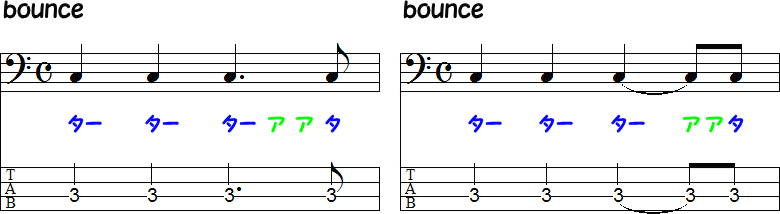 付点4分音符と4分音符+8分音符のbounceの2小節