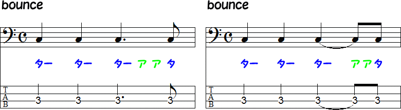 付点4分音符と4分音符＋8分音符のbounceの2小節