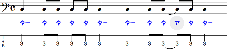 8分音符同士を結ぶタイ記号の2小節