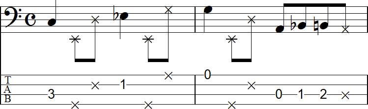 4分休符を2つのゴーストノートにしたフレーズ2小節