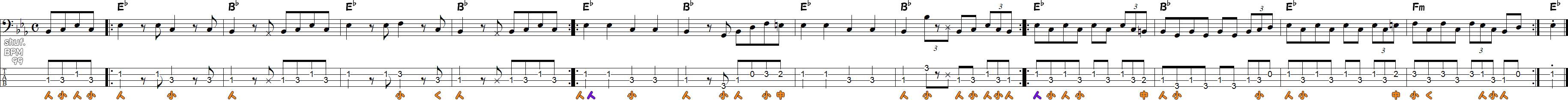 シャッフルのベースライン①（8ビート）の譜面