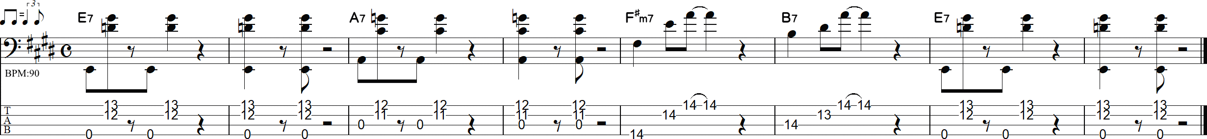 ベースの和音弾き練習譜面（Eメジャーキー）4小節